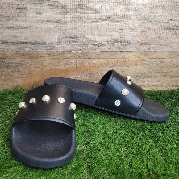 New Stuart WeitzmanWomen's Black Pearlshine Pool Leather Slide Sz 11.0 - Picture 8 of 11
